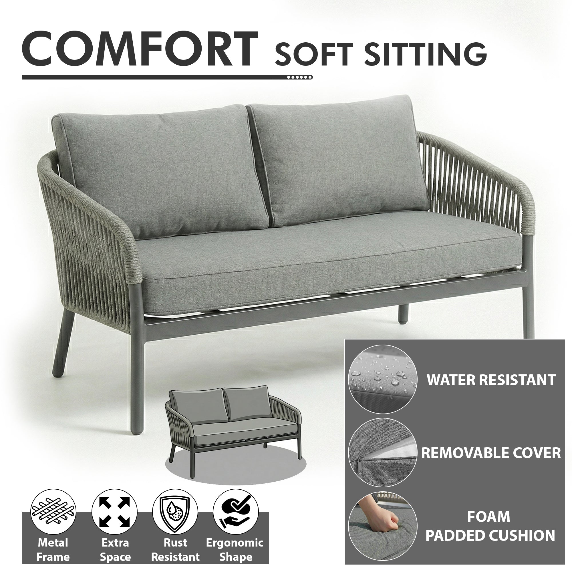 Athan Outdoor Garden Balcony Sofa Set 2 Seater , 2 Single Seater 1 Center Table Set (Dark Grey) Braided and Rope