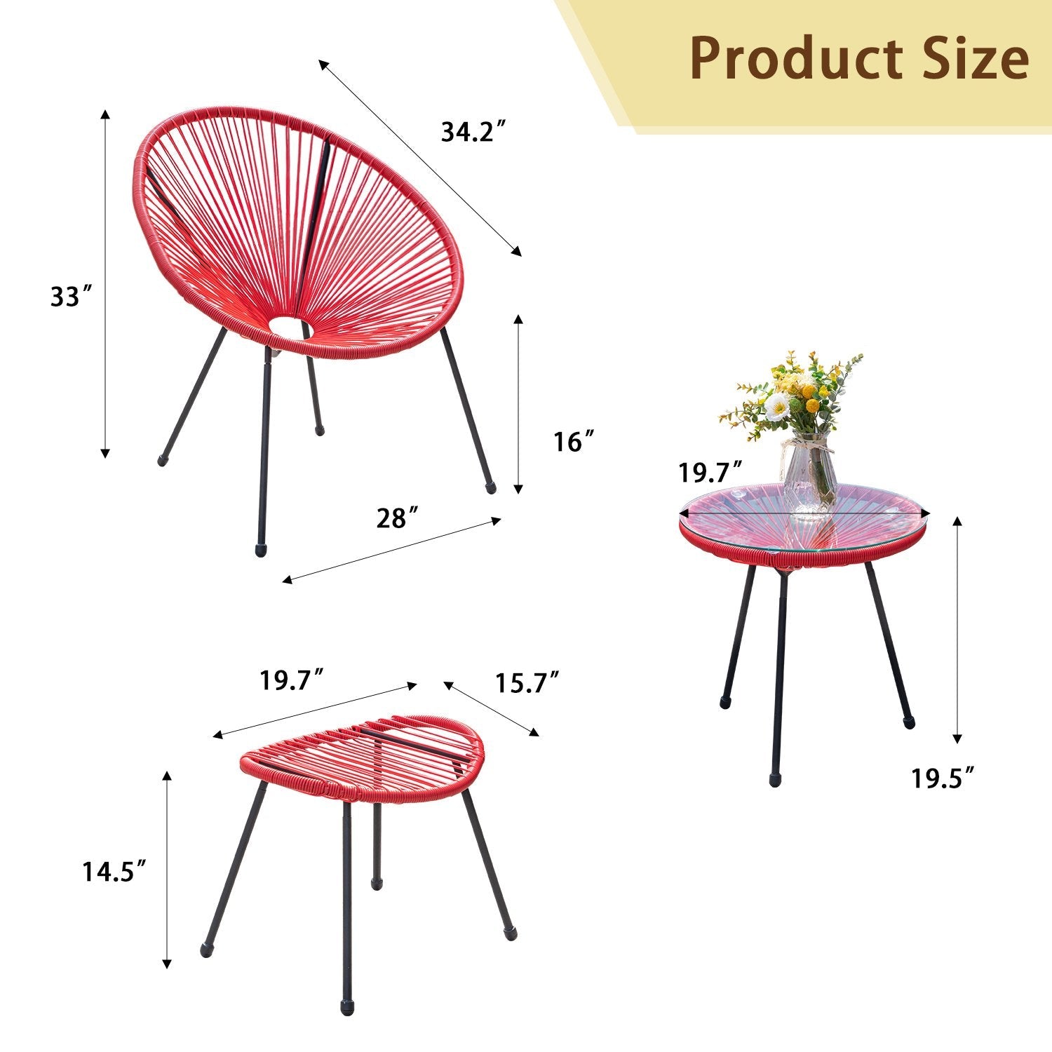 Intra Outdoor Patio Seating Set 2 Chairs 2 Ottoman and Table Set (Red)