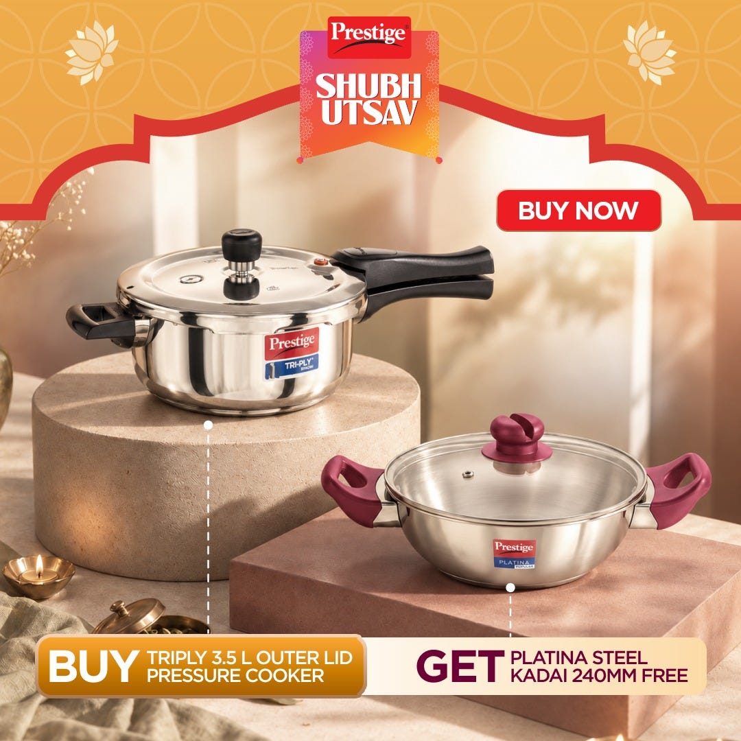 Prestige Svachh Triply Outer Lid Pressure Cooker with Deep Lid for Spillage Control, 3.5 Litre, Silver + Prestige Platina Popular Stainless Steel Impact Forged Bottom Kadai with Glass Lid, 24cm, 2.8 L