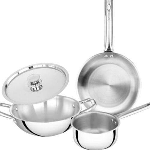 Prestige Triply Splendid BYK 4-Piece Cookware Set | Fry Pan (22cm), Sauce Pan (14cm), Kadai (22cm) & Stainless Steel Lid | Induction & Gas Compatible