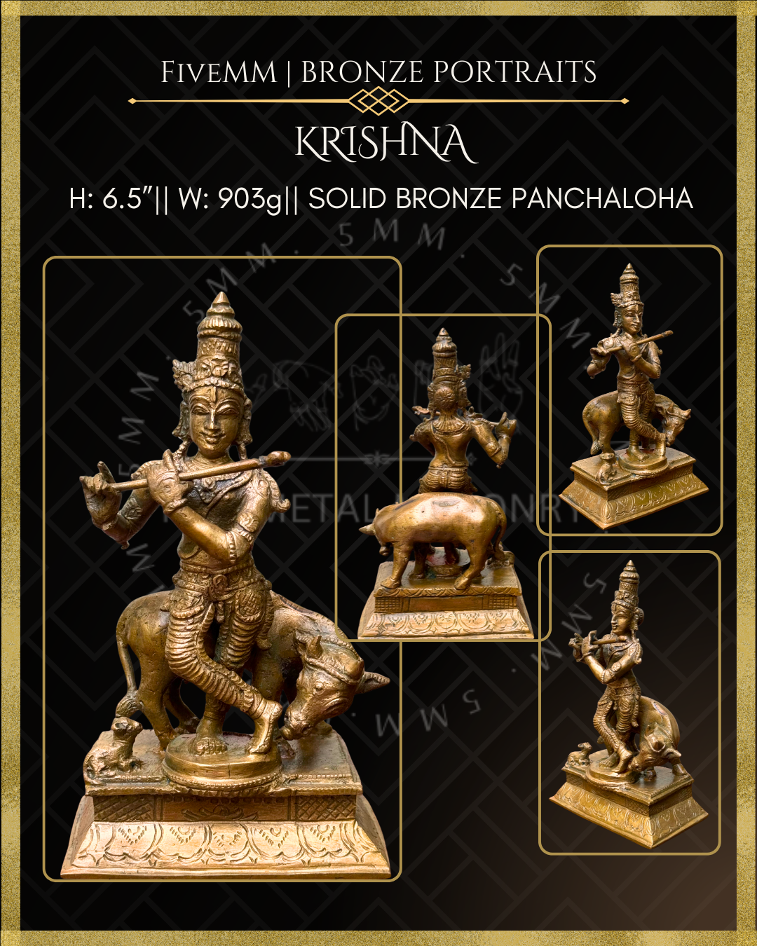 Krishna with cow & calf Panchaloha Bronze Icon - 6.5"