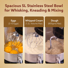AGARO Royal Stand Mixer, Dough Maker Machine, 1000W Atta Maker, 100% Copper Motor, 5L SS Bowl, 8 Speed + Pulse Function,