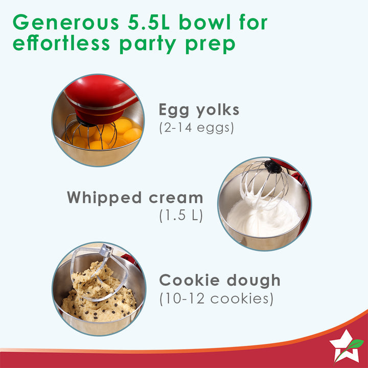 Regalia Neo Stand Mixer | 5.5L Stainless-steel Bowl | 10-speed Setting | 4 Attachments | Whisk, Whip, Beat, Mix | For Cake & Pizza Doughs, Creams, Salad Dressings, Eggs | 2 Year Warranty | Red