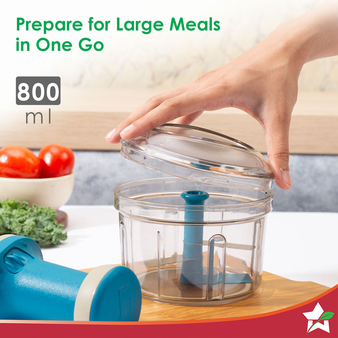 Wonderchef Glory Push Chopper | 800 ml | 3 Stainless Steel Blades | Anti-Slip Silicone | Air Tight Lid | Silicone Suppor