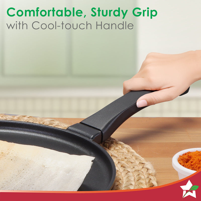 Inducta Die-cast Dosa Tawa, 28cm, 4mm, Japanese Non-stick Coating, Cook with Less Oil, For Dosas, Rotis, Parathas, Omelettes, Pancakes, Compatible with All Cooktops, 2-Yr Warranty, Black