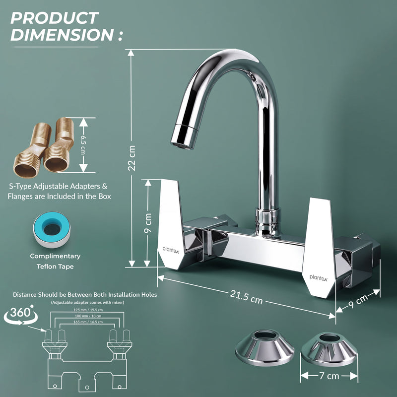 Plantex Mixer Tap for Kitchen with Wall Flange and Teflon Tape/Kitchen Sink Taps/Sink Mixer Tap Hot and Cold with 360‚° Swivel Spout (Celesiya-1248)-2