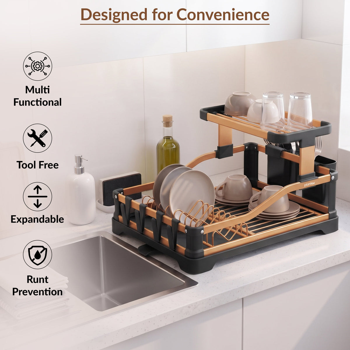 Plantex Fold Flat Dish Drying Rack/Aluminium 2-Tier Dish Rack with Drainboard/Vessel Drainer Basket/Plate Holder Stand/Kitchen Rack - Pack of 1 (Gold & Black)-6