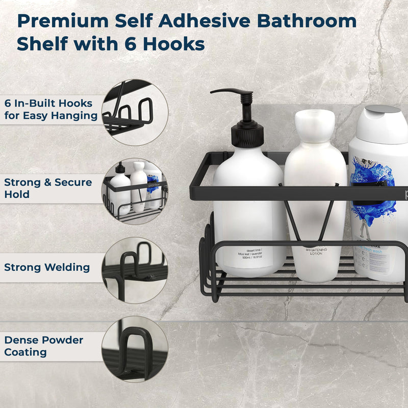 Plantex GI Steel Bathroom Accessories Self Adhesive/Self Adhesive Kitchen Shelf with Side Hooks to Hang Loofah, Soap Holder & Magic Stickers - Black, Powder Coated (Pack of 4)-5