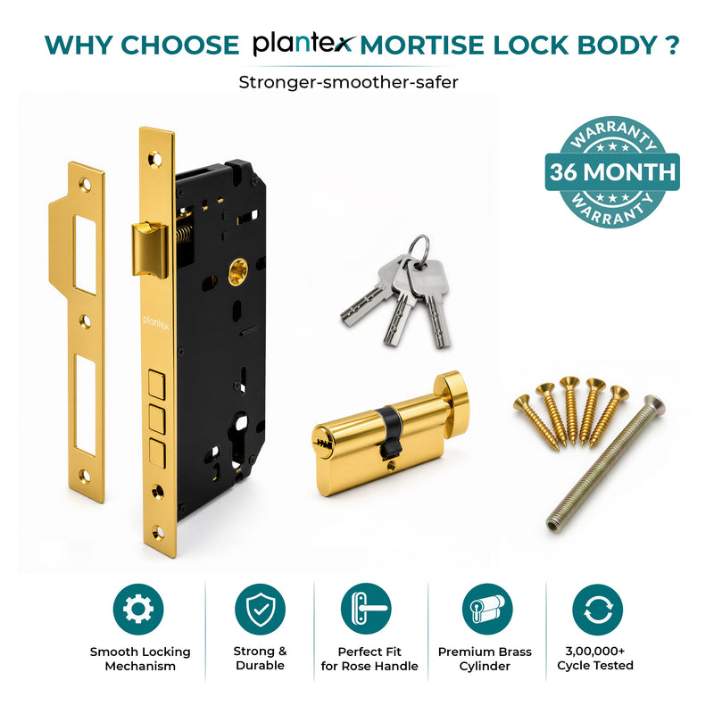 Plantex Mortise Door Lock Set with Brass Cylinder & Keys/Heavy-Duty Main Door Lock Body - Pack of 1 (PVD Gold)-6