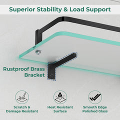 Plantex Shelf for Bathroom/Frosted Glass Shelf with Brass Railing and Brackets/Wall Mount Shelf for Living Room/Kitchen - Pack of 2 (18 x 6 inch, Black)-6