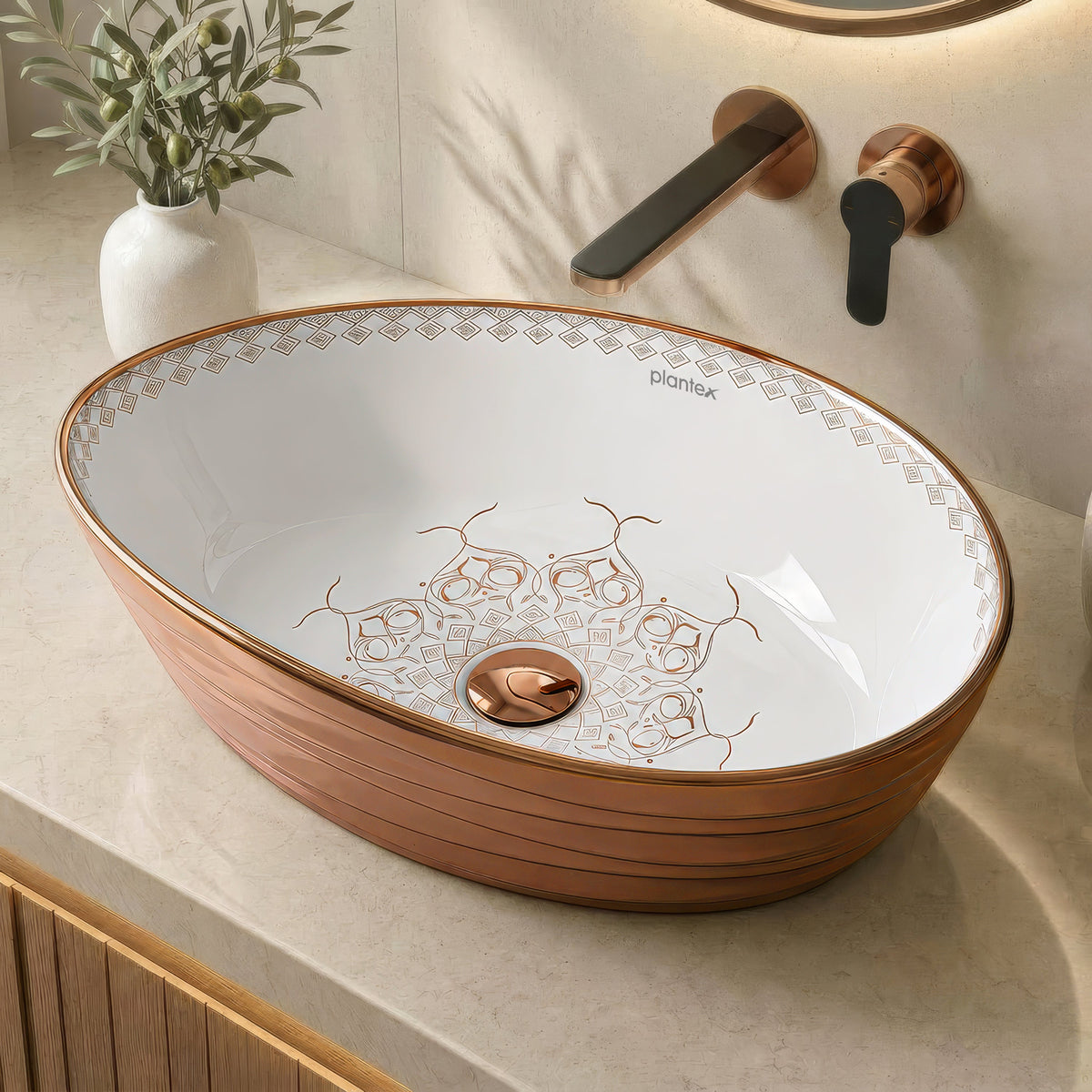 Plantex Designer Ceramic Basin/Table Top Wash Basin for Bathroom/Countertop Vessel Sink Basin for Home/Office/Restaurant (White & Rose Gold, 22 x 14 x 7 Inch)-3