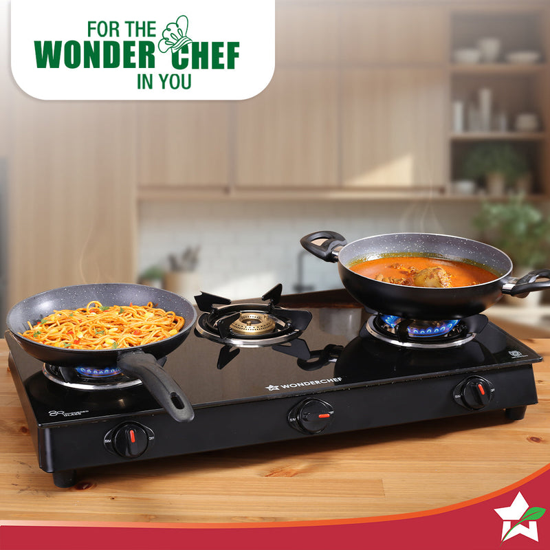 Wonderchef Zest Neo Gas Stove | 3 Burners (2 Medium, 1 Small) | Premium Glass Surface | Space Saving Design | Brass Burn