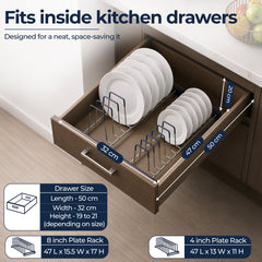 Plantex Stainless Steel Plate Organizer for Kitchen/Plate Holder Stand/Thali Stand for Kitchen Drawer/Saucer Plates Rack/Tandem Box Accessories – Set of 2 (Size - 4 & 8 Inch, Slots 10–14, Chrome)-6