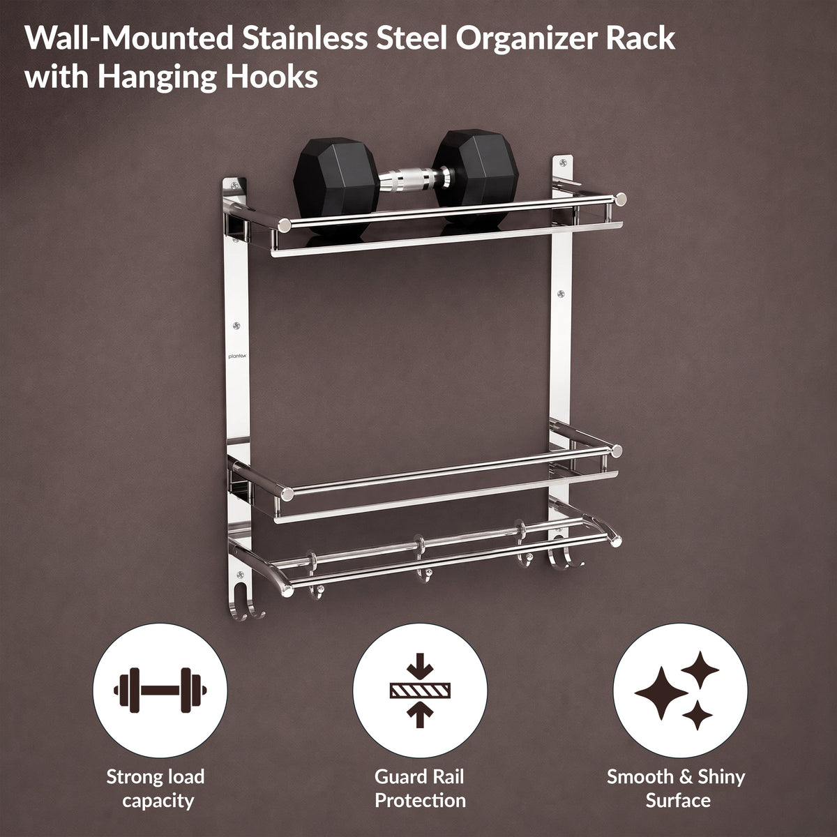 Plantex Bathroom Organiser with Drill/3 Tier Bathroom Accessories Set Stainless Steel/Bathroom Self Rack with Towel Hanger and Hooks/Wall Mount Rack Multipurpose(3-Tier Chrome)-5