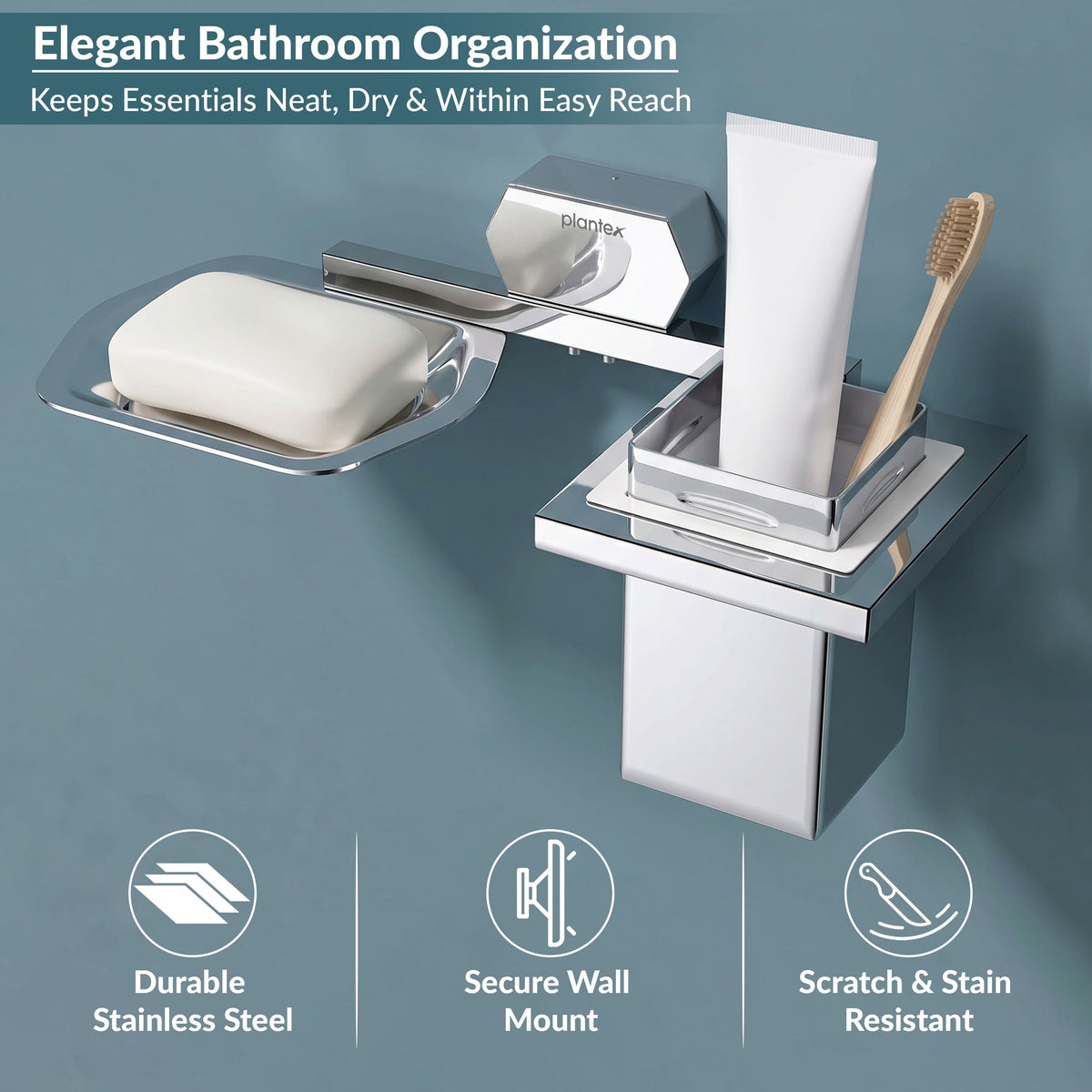 Plantex 304 Grade Stainless Steel 2in1 Soap Dish with Tumbler Holder for Bathroom/Toothbrush Holder with Soap Case/Soap Holder/Tumbler Holder - Bathroom Accessories (Delta, Chrome)-5