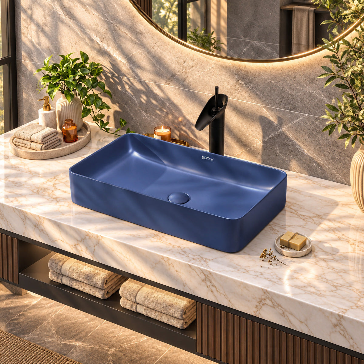 Plantex Basin for Bathroom/Ceramic Table Top Wash Basin/Over Counter Washbasin for Restaurant/Hotel (Matt Blue - 24 x 14 x 4.5 Inch)-3