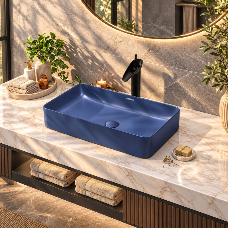Plantex Basin for Bathroom/Ceramic Table Top Wash Basin/Over Counter Washbasin for Restaurant/Hotel (Matt Blue - 24 x 14 x 4.5 Inch)-3