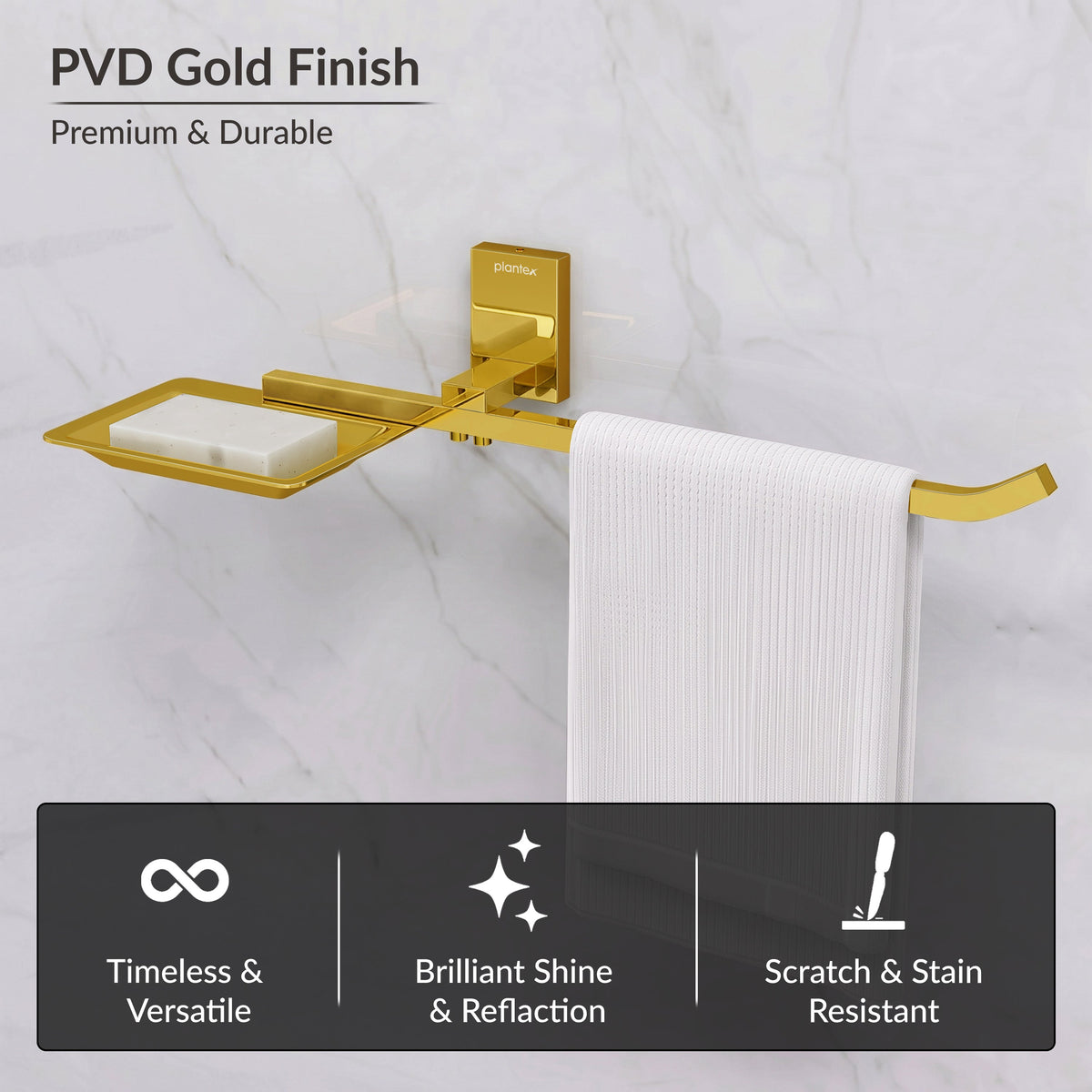Plantex 304 Grade Stainless Steel Soap Dish with Napkin Ring/Soap Stand/Soap Holder/Napkin Holder/Towel Hanger for Bathroom/Bathroom Accessories - Pack of 1 (Crystal, PVD Gold)-6