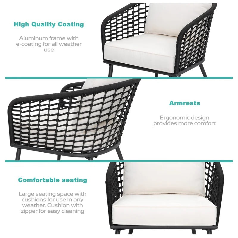 Spiff Outdoor Patio Seating Set 2 Chairs and 1 Table Set (Black + White) Braided & Rope