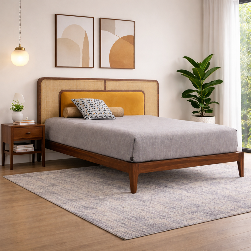 Mid-Century Wooden Bed with Cane & Upholstered Headboard