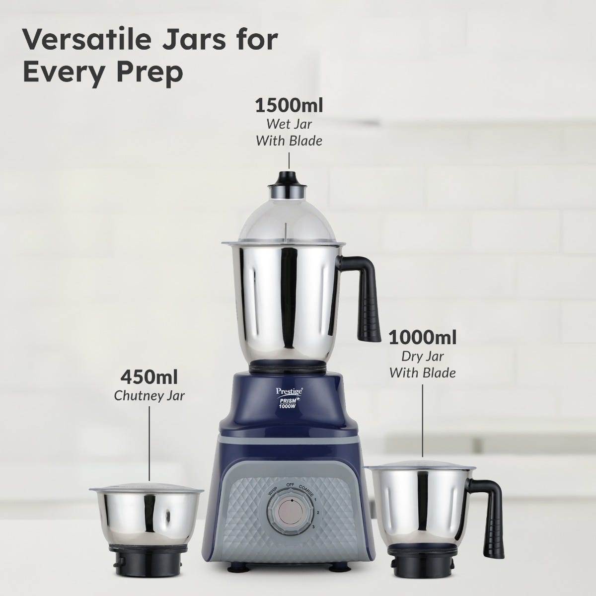 Prestige Prism Plus 1000W Mixer Grinder with 3 Stainless Steel Jars – 1.5L Wet Jar, 1.0L Dry Jar, 450ml Chutney Jar | 4-Speed Heavy Duty Motor, Prestige 1.5L PMC 3.0 Plus Multi Kettle / Multi Cooker