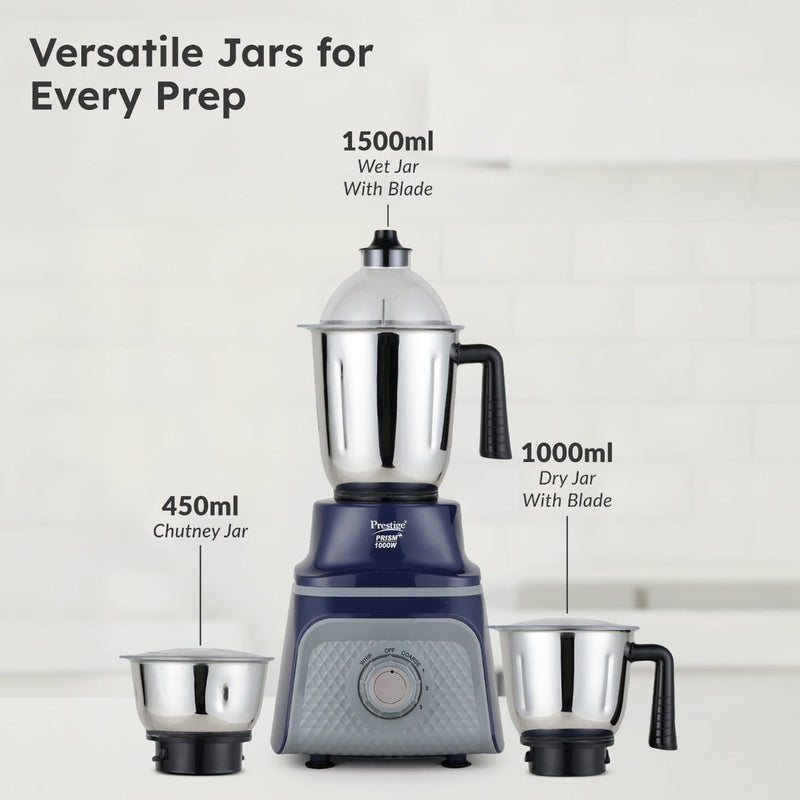 Prestige Prism Plus 1000W Mixer Grinder with 3 Stainless Steel Jars – 1.5L Wet Jar, 1.0L Dry Jar, 450ml Chutney Jar | 4-Speed Heavy Duty Motor, Prestige 1.5L PMC 3.0 Plus Multi Kettle / Multi Cooker