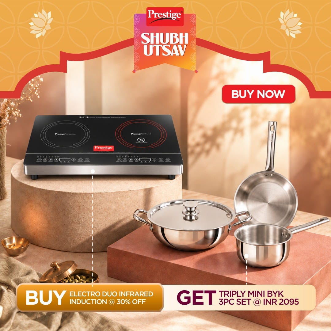 Prestige Electro Duo Infrared and Induction Combi Cooktop + Prestige TRIPLY Splendid 4 Pc Cookware Set: Fry Pan 22cm, Kadai 22cm, Saucepan 14cm, SS Lid 24cm, Gas & Induction Compatible, 15Y Warranty