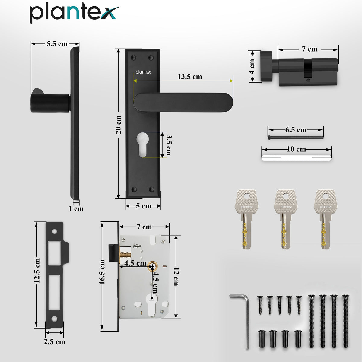 Plantex Door Lock Set - Main Door Lock Plate Handle Set/Mortise Lock with 3 Keys/Lock Body and Cylinder - Pack of 1 (OHMH-81, Z-Black)-2