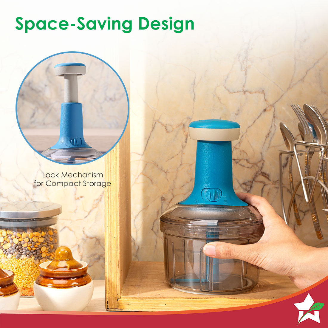 Wonderchef Glory Push Chopper | 800 ml | 3 Stainless Steel Blades | Anti-Slip Silicone | Air Tight Lid | Silicone Suppor