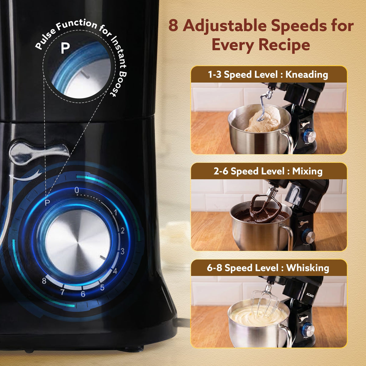 AGARO Royal Stand Mixer, Dough Maker Machine, 1000W Atta Maker, 100% Copper Motor, 5L SS Bowl, 8 Speed + Pulse Function,