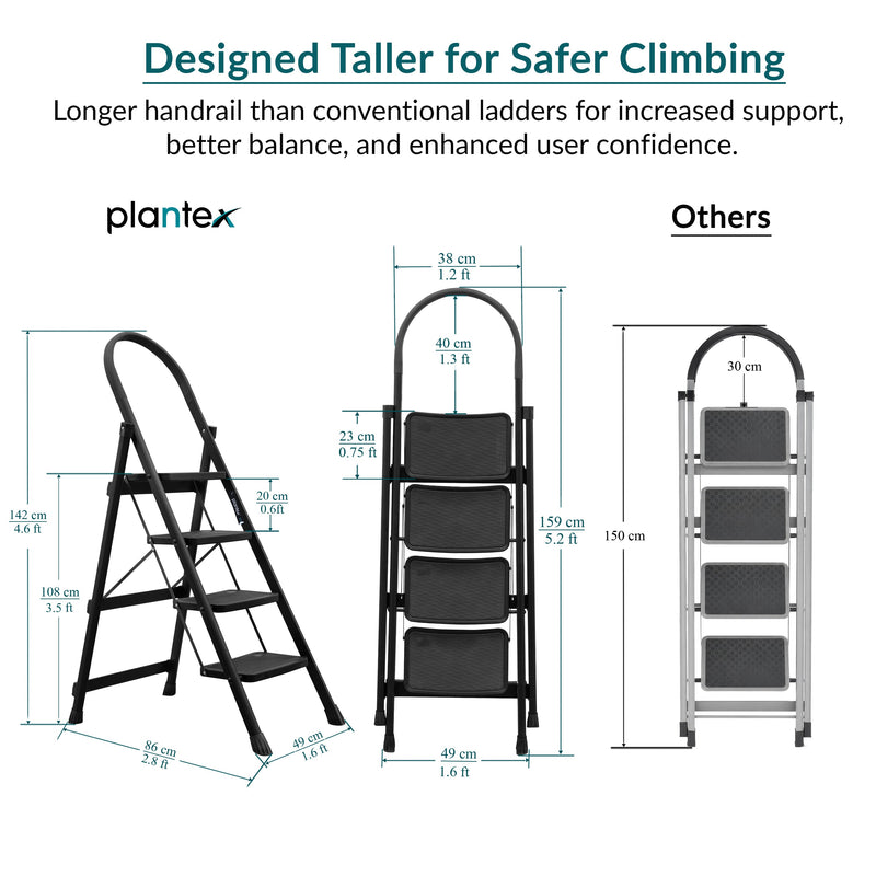 Plantex Hercules Pro 4-Step Foldable Ladder for Home with 150 kg Load Capacity/Heavy-Duty Steel Ladder/Anti-Slip Wide Step/Strong, Stable & Multi-Purpose (Black)-2