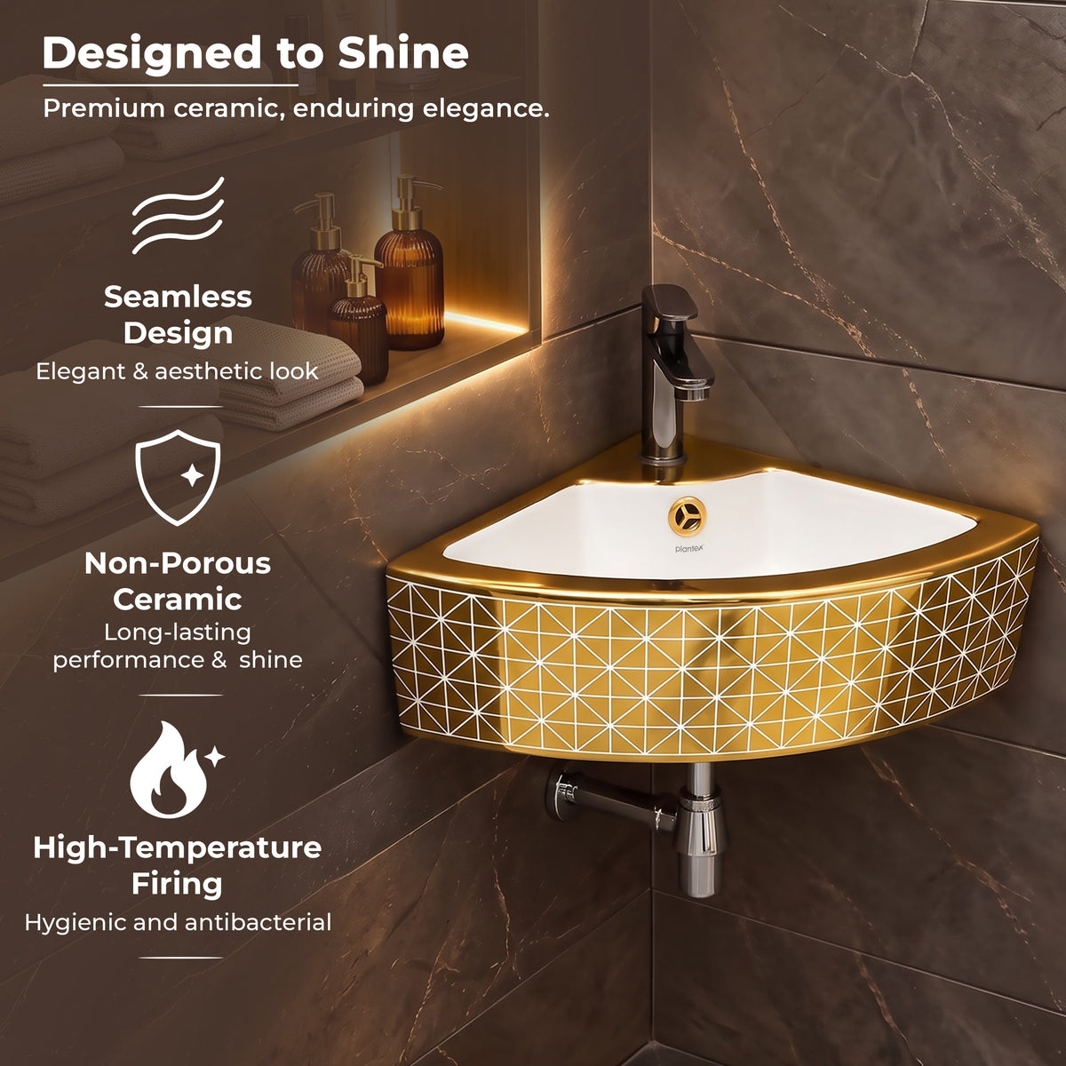 Plantex Ceramic Corner Basin/Wall Mount Washbasin for Bathroom/Small Corner Vessel Sink/Tabletop Wash Basin (Golden Cornia, 18 x 13 x 5 Inch)-5