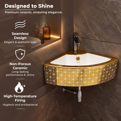 Plantex Ceramic Corner Basin/Wall Mount Washbasin for Bathroom/Small Corner Vessel Sink/Tabletop Wash Basin (Golden Cornia, 18 x 13 x 5 Inch)-5