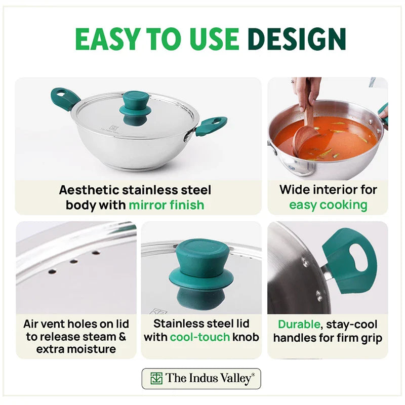 Tri-Steel Stainless Steel Kadai+ Lid, Premium Quality, Tri-ply (3 Layer) Bottom, Cool-touch Handles, 100% Toxin-free, Non-stick, Induction & Gas, 1.6/2.1/3.4/4.5 L, 20/22/26/28 cm