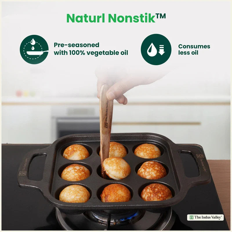 CASTrong Cast Iron Paniyaram Pan, Pre-seasoned, Nonstick, 100% Pure, Toxin-free, Medium 18.7cm, 1.6kg