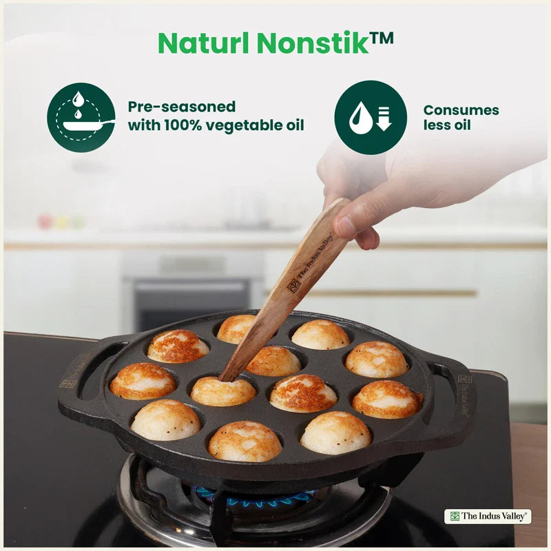 CASTrong Cast Iron Premium Paniyaram Pan, Pre-seasoned, Nonstick, 100% Pure, Toxin-free, Medium 20.8cm, 2.6kg