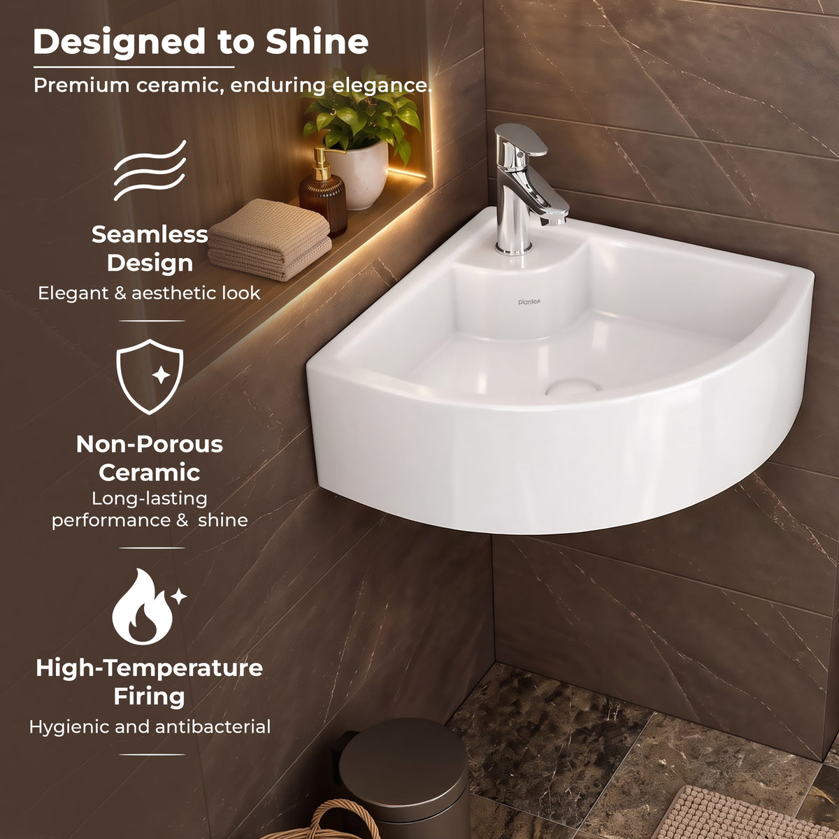 Plantex White Ceramic Corner Washbasin/Wall Mount Basin for Bathroom/Wall Hung Wash Basin/Small Corner Sink/10 Years Glaze Warranty by Plantex (Cornia - 16 x 16 x 10 Inch)-6