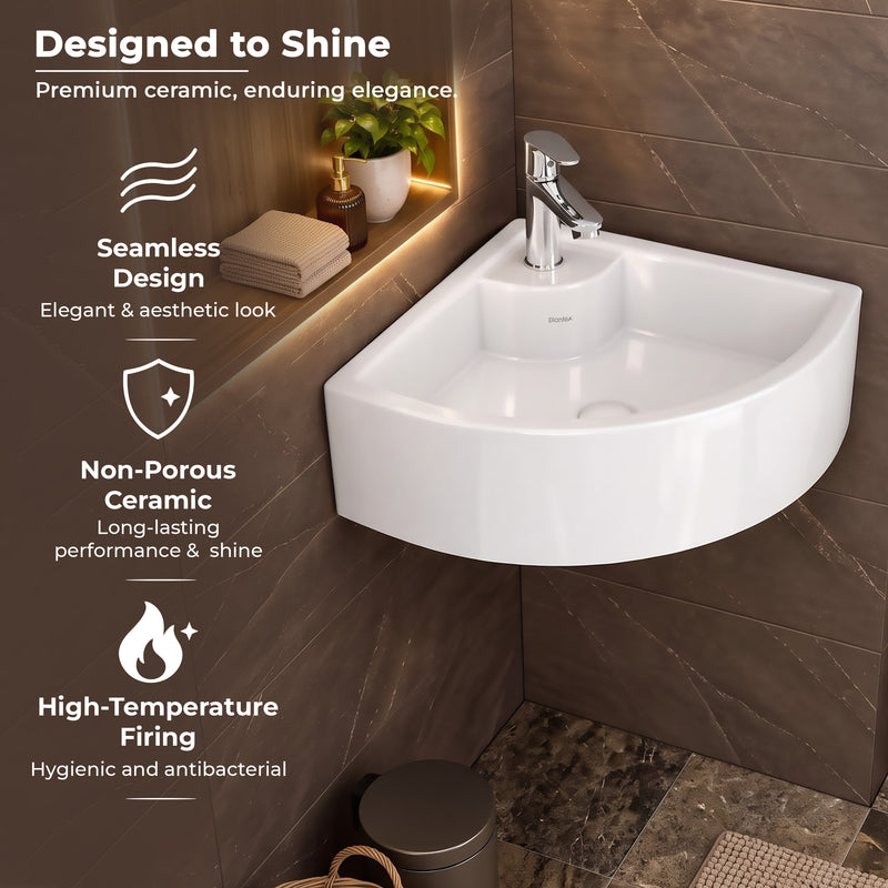 Plantex White Ceramic Corner Washbasin/Wall Mount Basin for Bathroom/Wall Hung Wash Basin/Small Corner Sink/10 Years Glaze Warranty by Plantex (Cornia - 16 x 16 x 10 Inch)-6