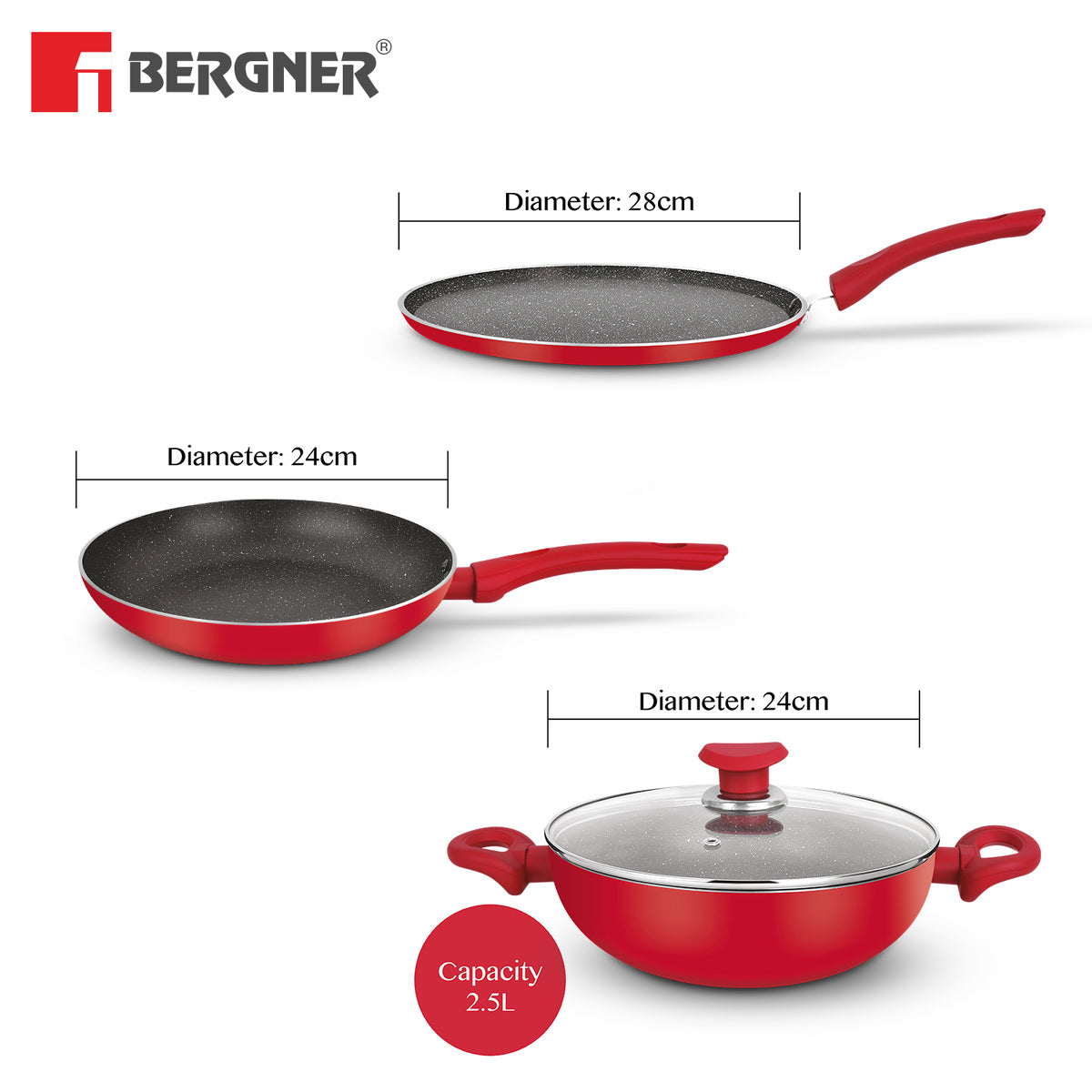 Bergner Bellini Plus Non-Stick 4 Pcs Cookware Set - Induction Bottom