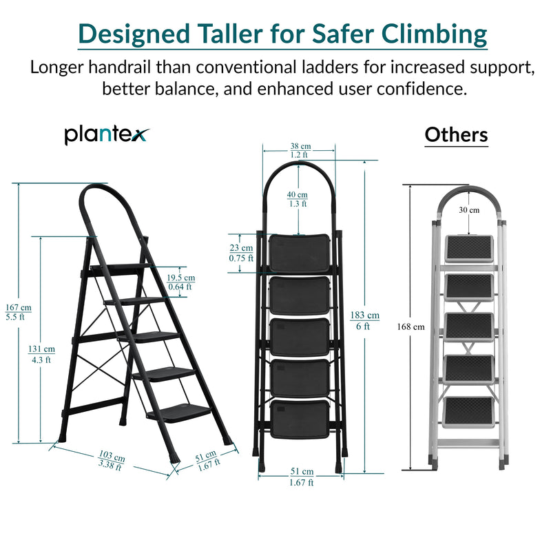 Plantex Hercules Pro 5-Step Foldable Ladder for Home with 150 kg Load Capacity/Heavy-Duty Steel Ladder/Anti-Slip Wide Step/Strong, Stable & Multi-Purpose (Black)-2