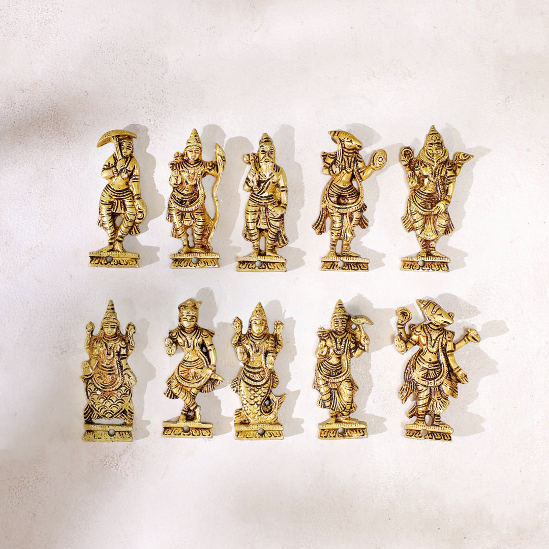 Brass Dashavatara Wall Hanging – Set of 10 Avatars of Lord Vishnu (3.8 Inch)