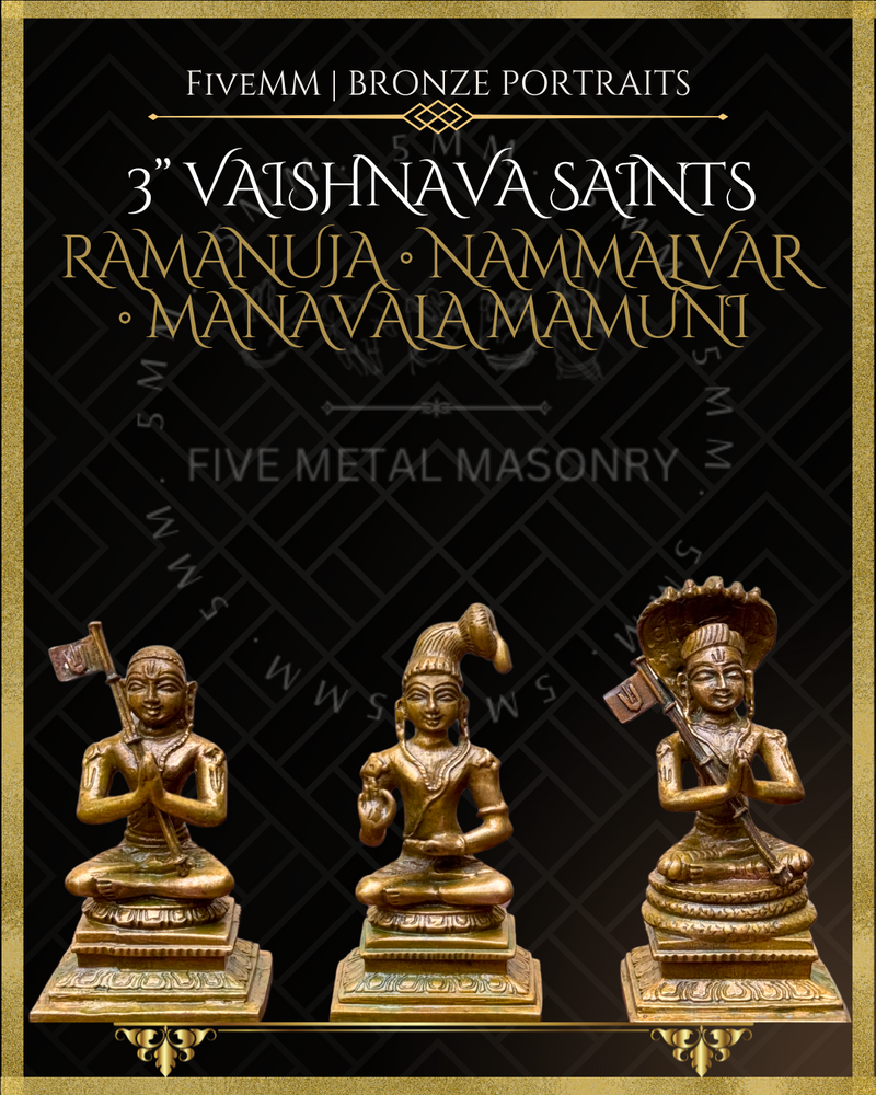 Vaishnava Saints: Ramanujacharya, Nammalvar, Manavalamamuni Panchaloha Bronze Icon Set - 3" - Antique finish