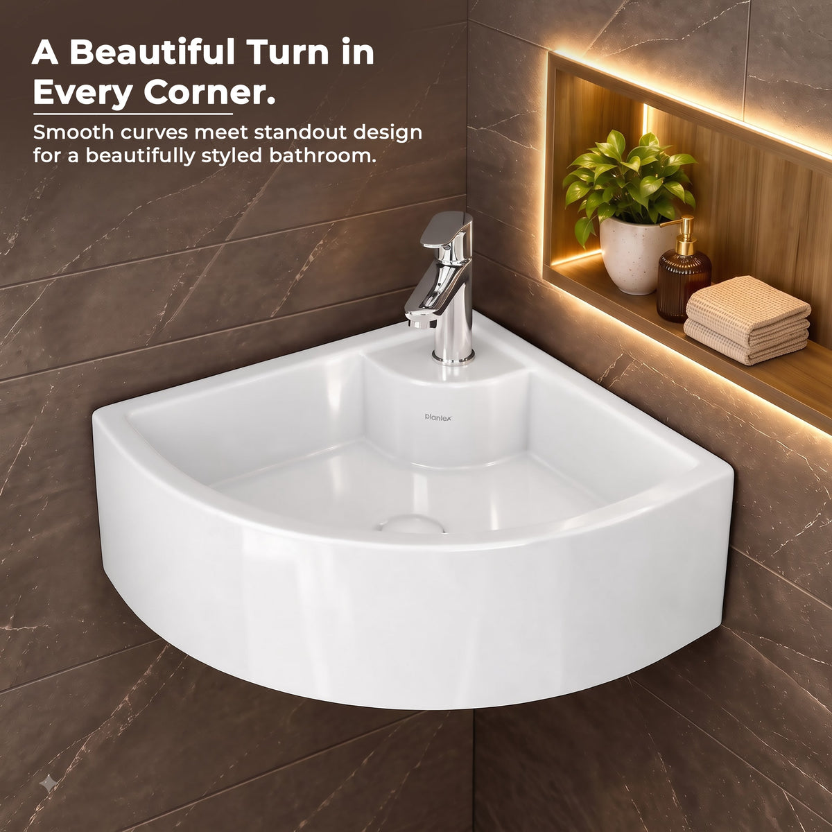 Plantex White Ceramic Corner Washbasin/Wall Mount Basin for Bathroom/Wall Hung Wash Basin/Small Corner Sink/10 Years Glaze Warranty by Plantex (Cornia - 16 x 16 x 10 Inch)-3