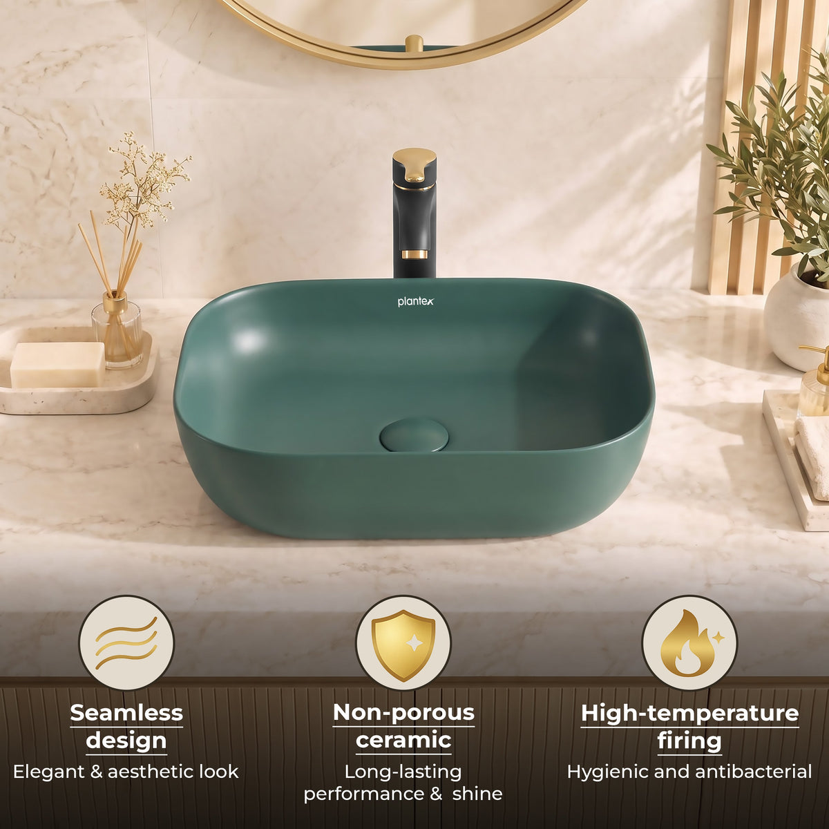 Plantex Rectangular Ceramic Basin for Bathroom/Washbasin/Designer Tabletop Wash Basin (Olive Green) (18 x 13 x 5 Inch)-4