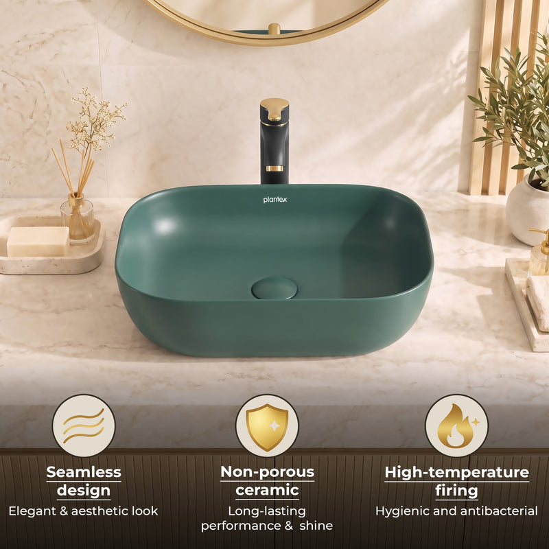 Plantex Rectangular Ceramic Basin for Bathroom/Washbasin/Designer Tabletop Wash Basin (Olive Green) (18 x 13 x 5 Inch)-4