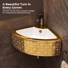 Plantex Ceramic Corner Basin/Wall Mount Washbasin for Bathroom/Small Corner Vessel Sink/Tabletop Wash Basin (Golden Cornia, 18 x 13 x 5 Inch)-3