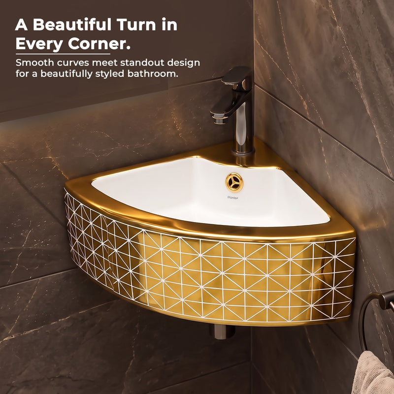Plantex Ceramic Corner Basin/Wall Mount Washbasin for Bathroom/Small Corner Vessel Sink/Tabletop Wash Basin (Golden Cornia, 18 x 13 x 5 Inch)-3