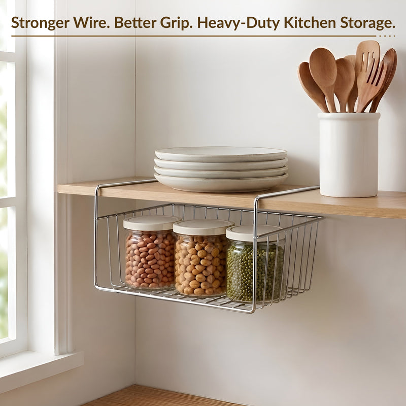 Plantex Under Shelf Organizer Rack for Kitchen Cabinet/12 Inch Multifunction Hanging Shelf Basket for Storage & Organization/Stainless Steel Under Cabinet Storage Rack - (Pack of 1, Chrome)-3
