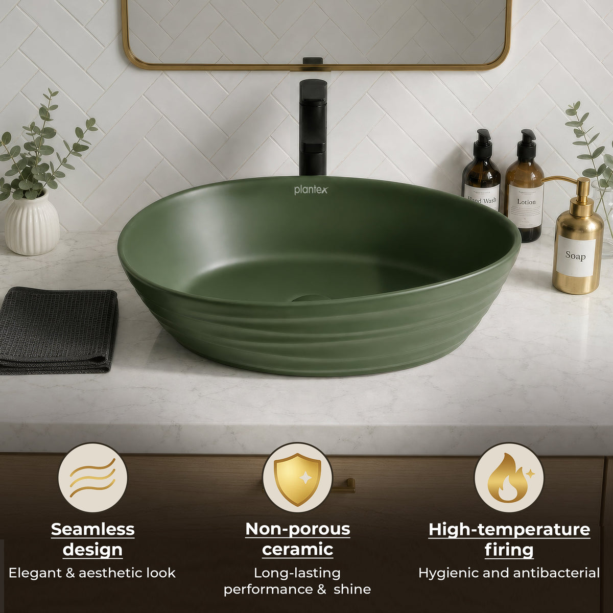 Plantex Designer Ceramic Basin/Table Top Wash Basin for Bathroom/Countertop Vessel Sink Basin for Home/Office/Restaurant (Green, 22 x 14 x 7 Inch)-6
