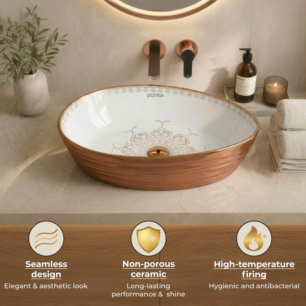 Plantex Designer Ceramic Basin/Table Top Wash Basin for Bathroom/Countertop Vessel Sink Basin for Home/Office/Restaurant (White & Rose Gold, 22 x 14 x 7 Inch)-5
